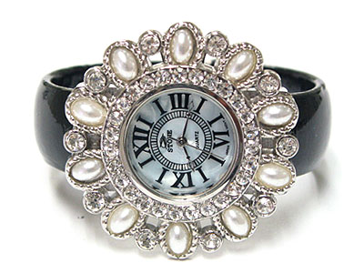 PEARL AND CRYSTAL FLOWER STYLE CUFF BANGLE WATCH