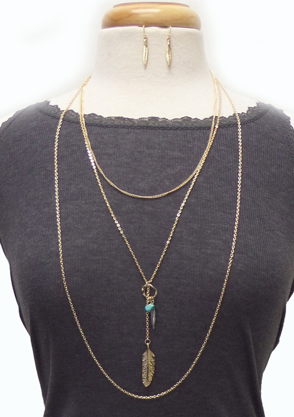 WESTERN STYLE FEATHER PENDANT 3 FINE CHAIN LAYERED LONG NECKLACE SET