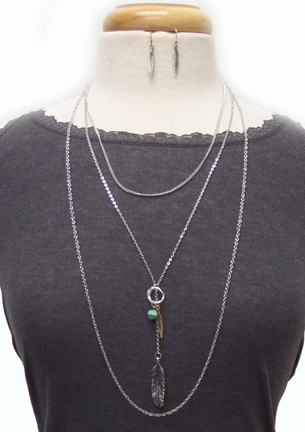 WESTERN STYLE FEATHER PENDANT 3 FINE CHAIN LAYERED LONG NECKLACE SET