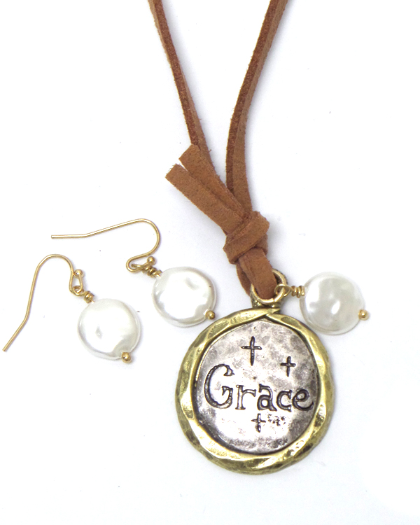 GRACE WITH PEARL  DROP SUEDE NECKLACE SET 