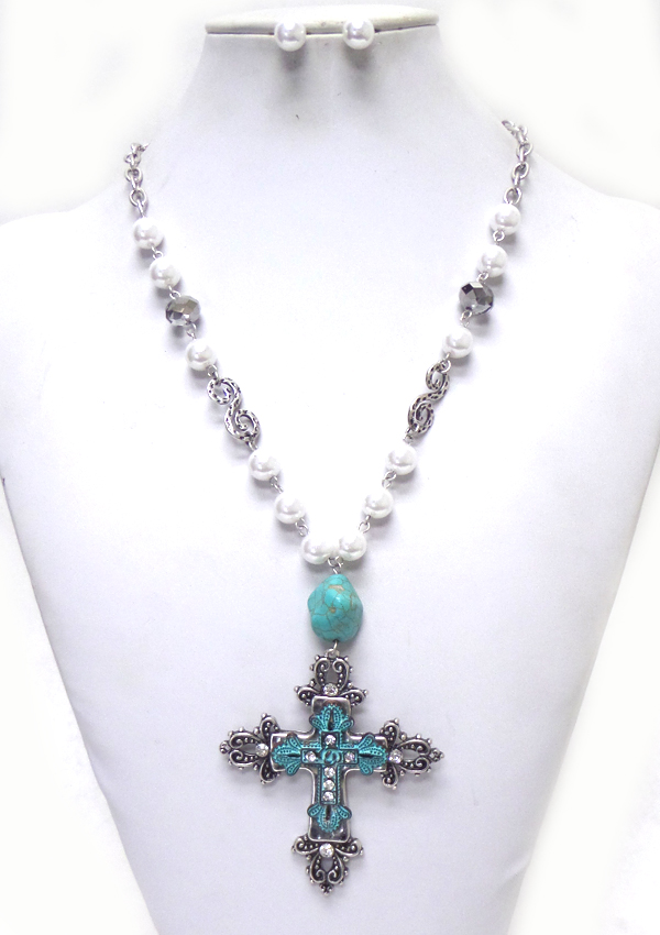 ROSARY STYLE BEADS WITH METAL CROSS NECKLACE SET 