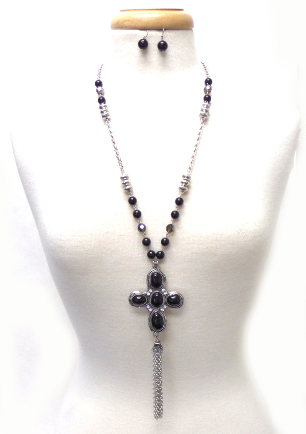 ROSARY STYLE BEADS TASSEL DROPP  WITH METAL CROSS NECKLACE SET 