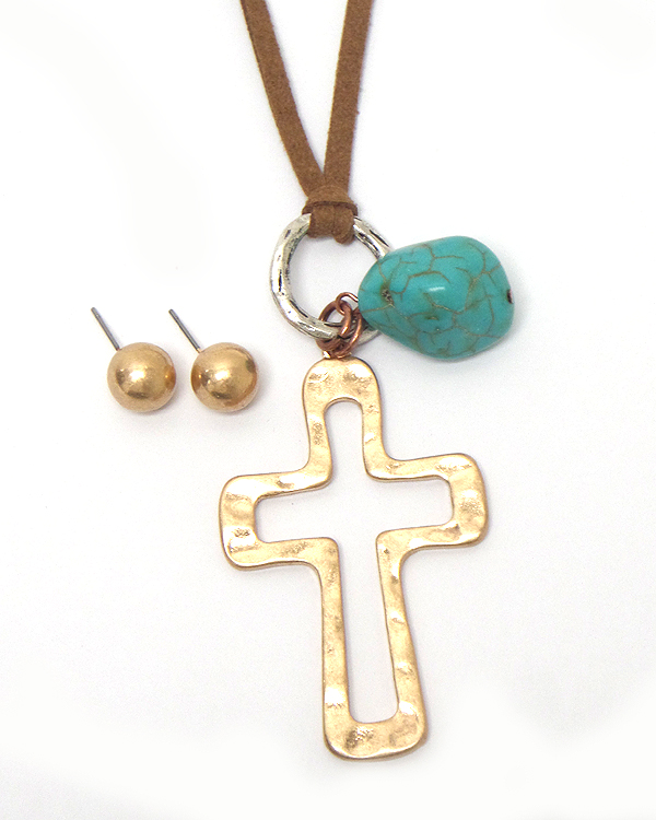 CROSS WITH TURQUOISE STONE DROP SUEDE NECKLACE SET 