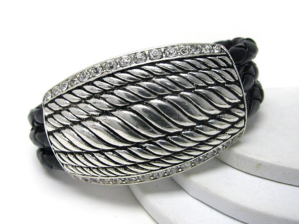 CRYSTAL EDGE DECO LARGE METAL ROPE STYLE AND SYNTHTIC LEATHER CHAIN MAGNET CLIP BRACELET