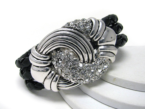 CRYSTAL STUD METAL KNOT AND SYTHETIC LEATHER CHAIN MAGNET CLIP BRACELET