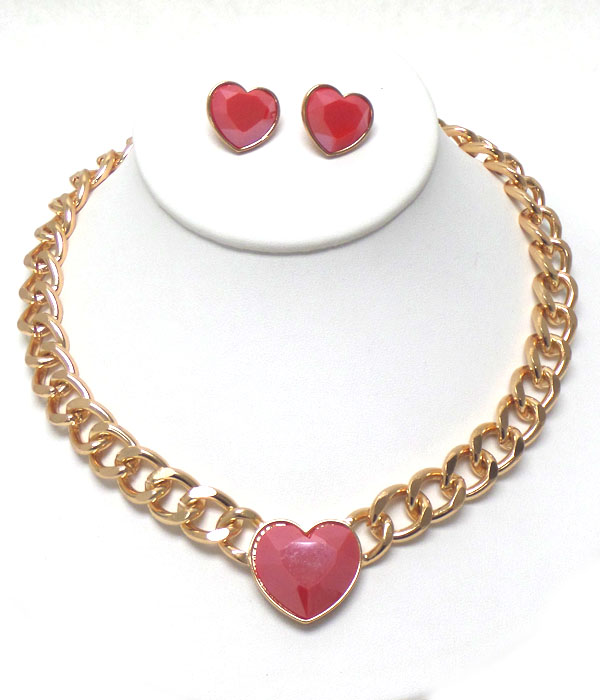 ACRYLIC HEART AND THICK CHAIN NECKLACE EARRING SET -valentine
