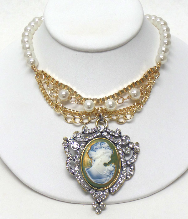CAMEO AND CRYSTAL PENDANT AND PEARL CHAIN NECKLACE