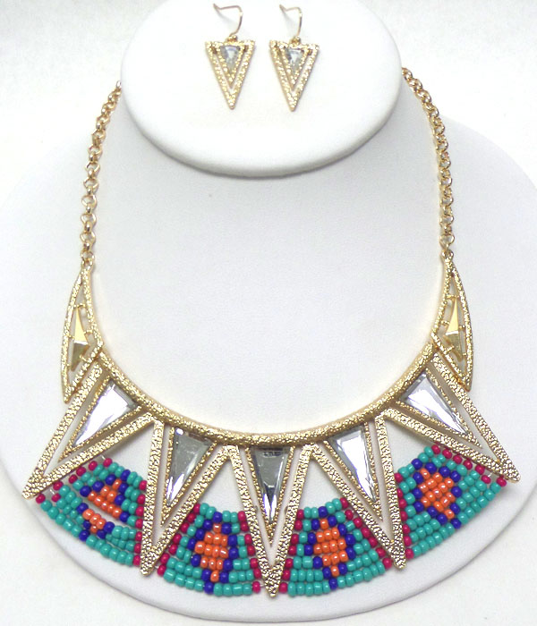 MULTI FACET STONE AND SEED BEAD AZTEC INSPIRED NECKLACE EARRING SET -western