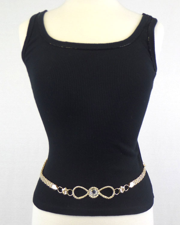 CRYSTAL DECO BUCKLE AND METAL MESH CHAIN BAND BELT