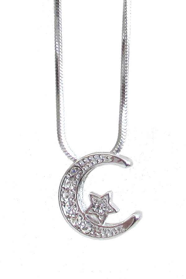 MADE IN KOREA WHITEGOLD PLATING CRYSTAL MOON AND STAR PENDANT NECKLACE
