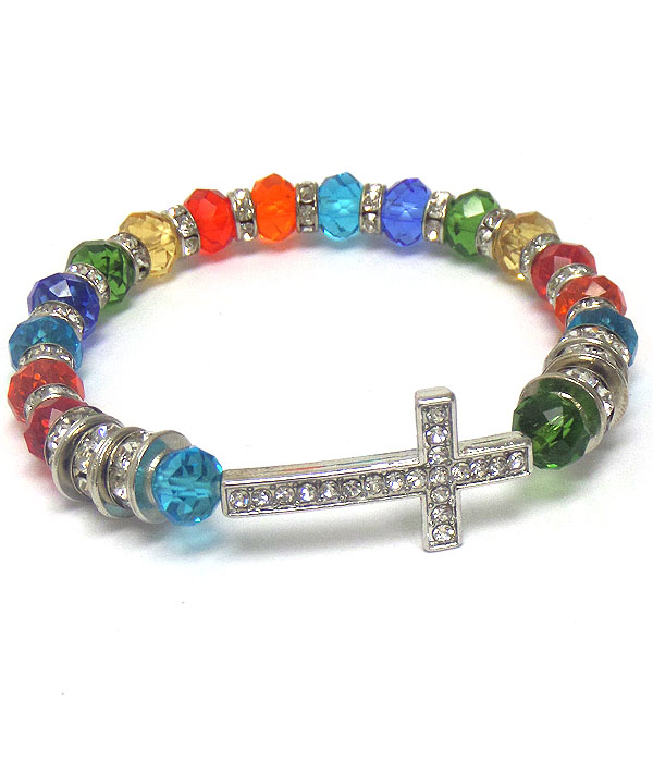 CRYSTAL CROSS AND RONDELLE AND GLASS BEAD STRETCH BRACELET