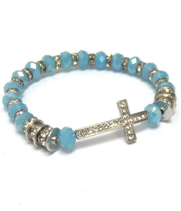 CRYSTAL CROSS AND RONDELLE AND GLASS BEAD STRETCH BRACELET