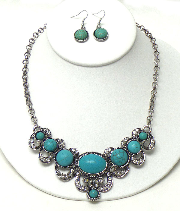 CRYSTAL AND TURQUOISE MIX NECKLACE EARRING SET