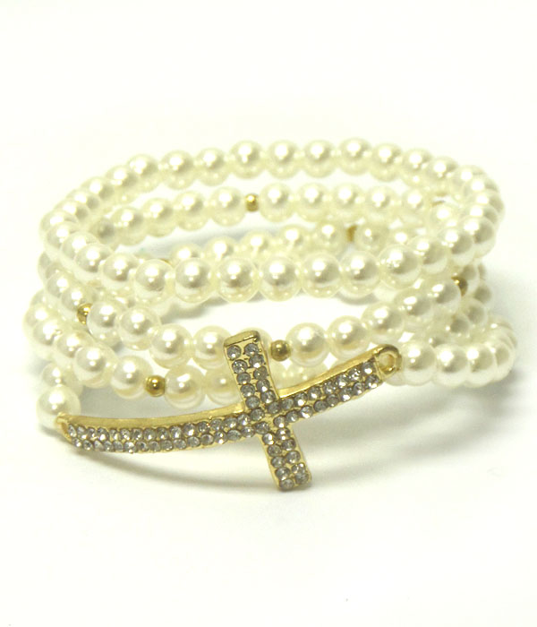 CRYSTAL CROSS AND PEARL STRETCH BRACELET SET OF 4