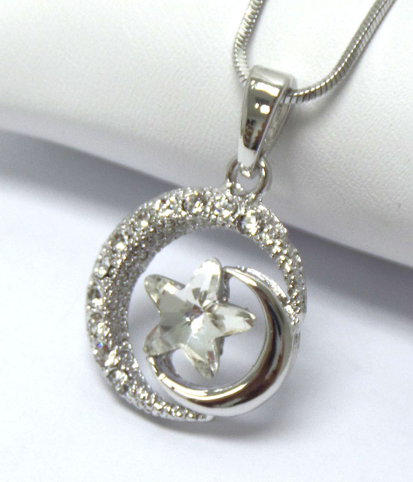 MADE IN KOREA WHITEGOLD PLATING CRYSTAL AND FACET STAR STONE CENTER MOON PENDANT NECKLACE