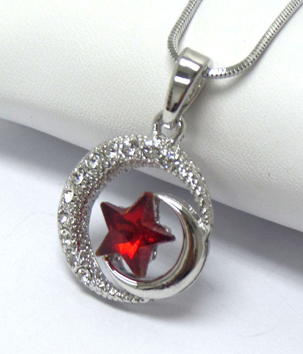 WHITEGOLD PLATING CRYSTAL AND FACET STAR STONE CENTER MOON PENDANT NECKLACE
