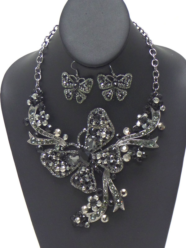 LUXURY AUSTRIAN CRYSTAL VICTORIAN STYLE LARGE BUTTERFLY NECKLACE EARRING SET