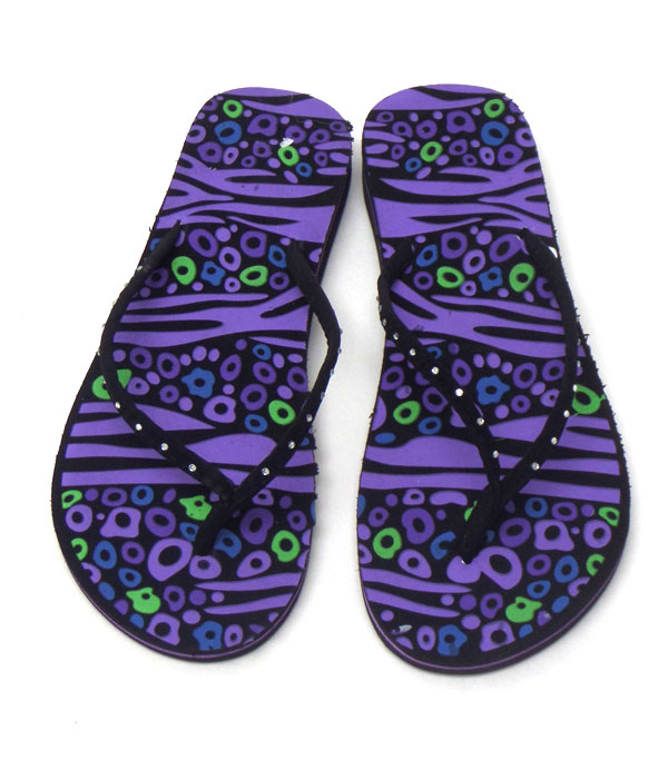 SUMMER THEME PRINT FOAM BASE AND ACRYLIC CRYSTAL LINED FLIP FLOP