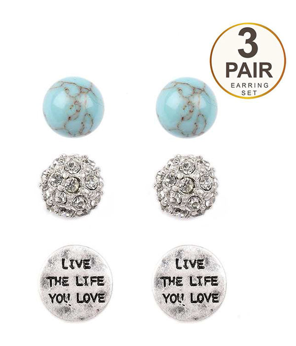 HANDMADE CRYSTAL BALL AND TURQUOISE 3 PAIR EARRING SET - LIVE THE LIFE YOU LOVE