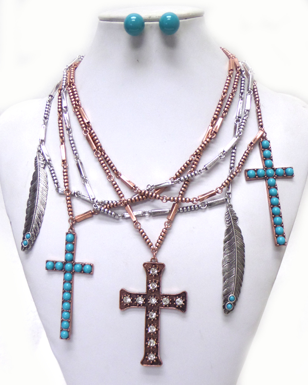 MULTI LAYER CHAINS WITH CROSS AND FEATHER NECKLACE SET