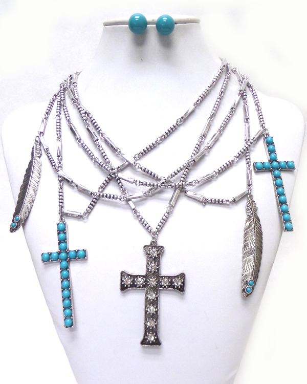 MULTI LAYER CHAINS WITH CROSS AND FEATHER NECKLACE SET