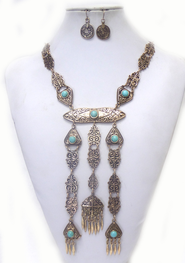 METAL TEXTURED TURQUOISE STONE DROP NECKLACE SET