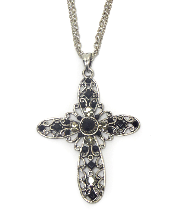 CROSS WITH MULTI CRYSTALS DOUBLE CHAIN NECKLACE