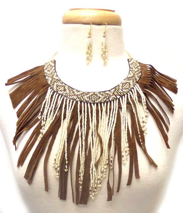 MULTI BEADS AND CRYSTALS BOHEMIAN FRINGE DROP NECKLACE SET
