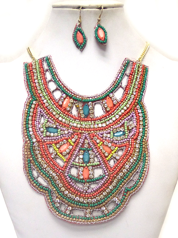 BIB STYLE LAYERS OF MULTI BEADS AND CRYSTALS NECKLACE SET