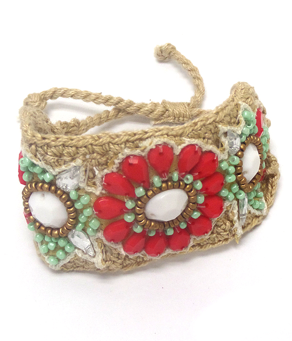 FLOWER LAYER SEEDBEADS PULL AND TIE KNITTED TYPE BRACELET