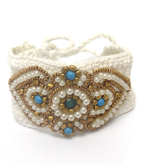 FLOWER LAYER SEEDBEADS PULL AND TIE KNITTED TYPE BRACELET