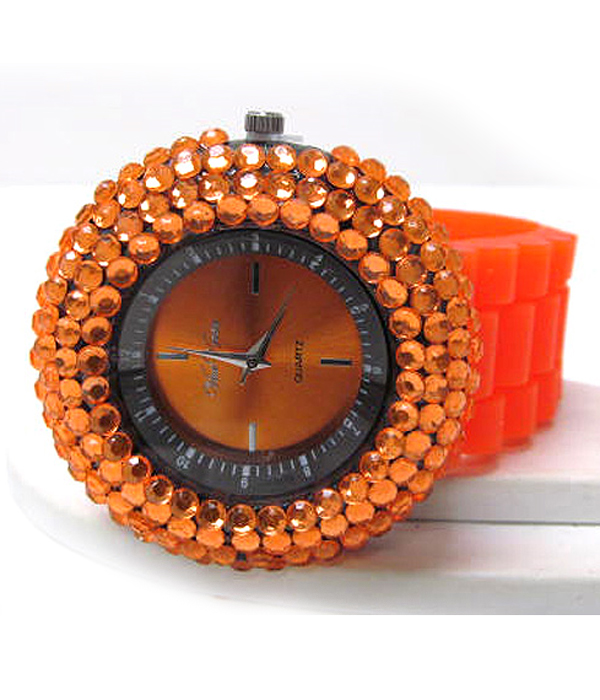FLAT CRYSTAL ROUND FASHION FACE RUBBER BAND WATCH