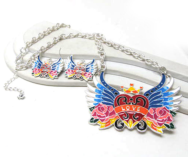 METAL WING HEART COLORFUL LOVE ART DESIGN LONG CHAIN NECKLACE EARRING SET