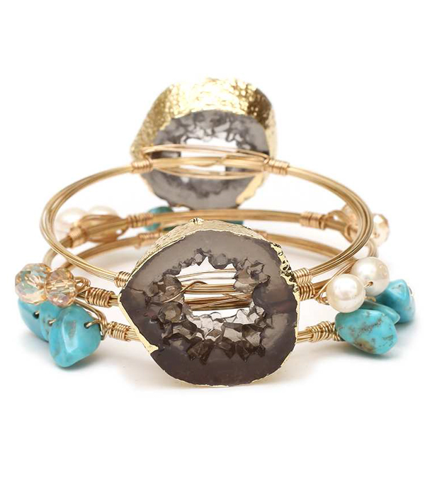 HANDMADE SIDE GOLD PLATED DRUZY AND PEARL MIX STACKABLE WIRE BANGLE BRACELET SET OF 3