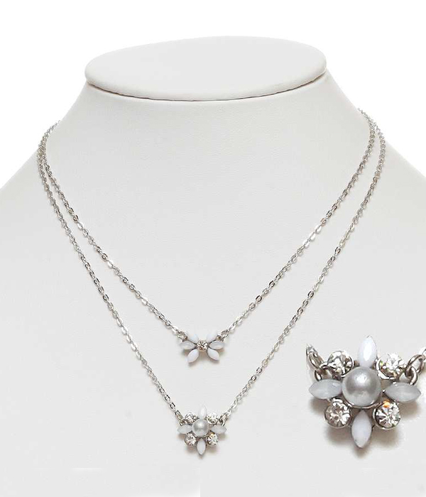 CRYSTAL AND PEARL FLOWER DOUBLE LAYER NECKLACE