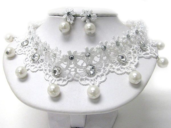 CRYSTAL DECO AND PEARL DROP FABRIC EVENING NECKLACE EARRING SET