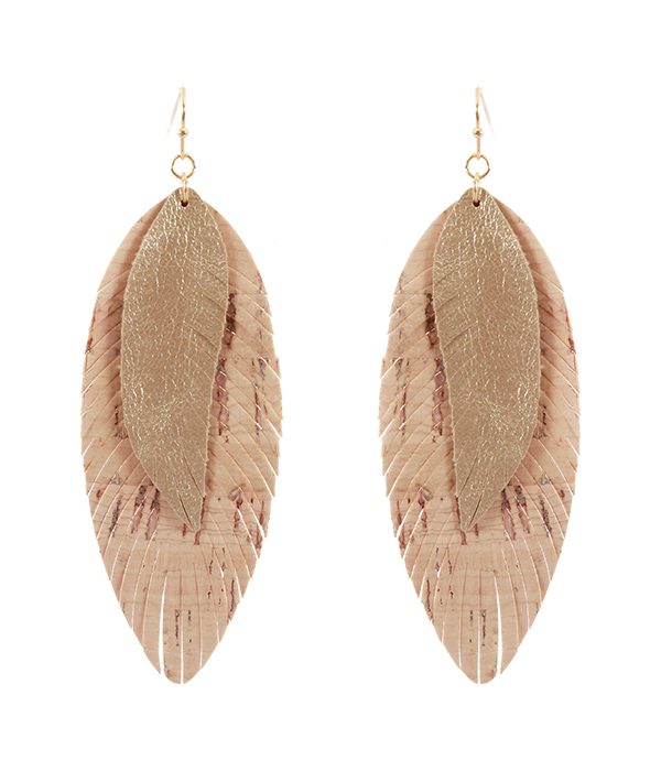 CORK AND LEATHERETTE MIX FEATHER EARRING