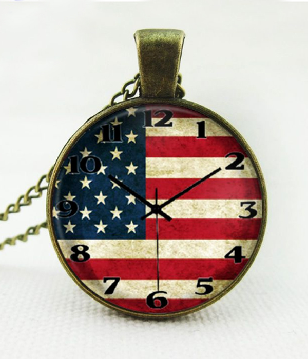 ANTIQUE BRONZE WATCH INSPIRED CABOCHON NECKLACE - AMERICAN FLAG