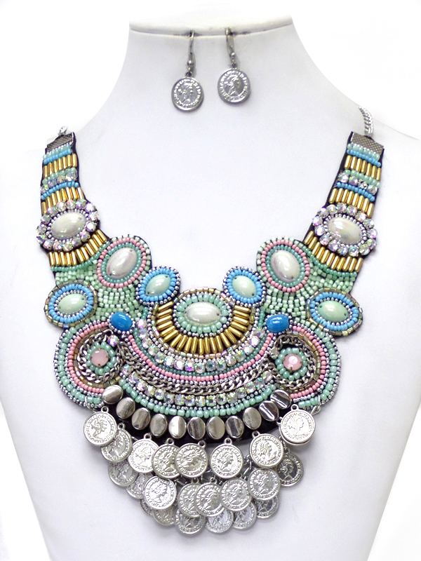 BOHEMIAN STYLE MULTI BEADED DROP COINS NECKLACE SET