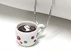 ENAMELED METAL CRYSTAL STUD MINIATURE COFFEE CUP PENDANT NECKLACE