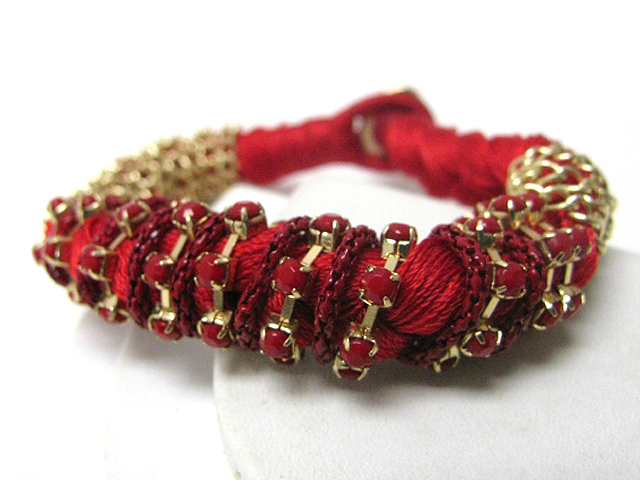 MIXED STONE AND METAL CHAIN WRAPPED FABRIC CORD BRAIDED WRIST BAND