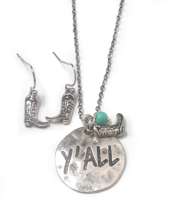 SOUTHERN COUNTRY STYLE HAMMERED DISK PENDANT NECKLACE SET - Y ALL
