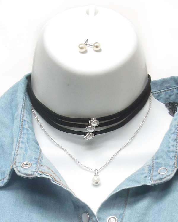 PEARL DROP FOUR LAYER LEATHER AND FINE CHAIN CHOKER NECKLACE SET