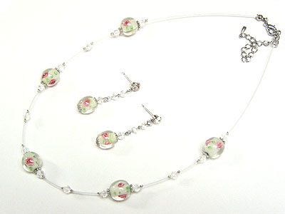 FLOWER MARBLE AND BEADS NECKLACE AND EARRING SET 