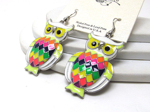 CRYSTAL EYES AND COLORFUL EPOXY BODY OWL DROP EARRING