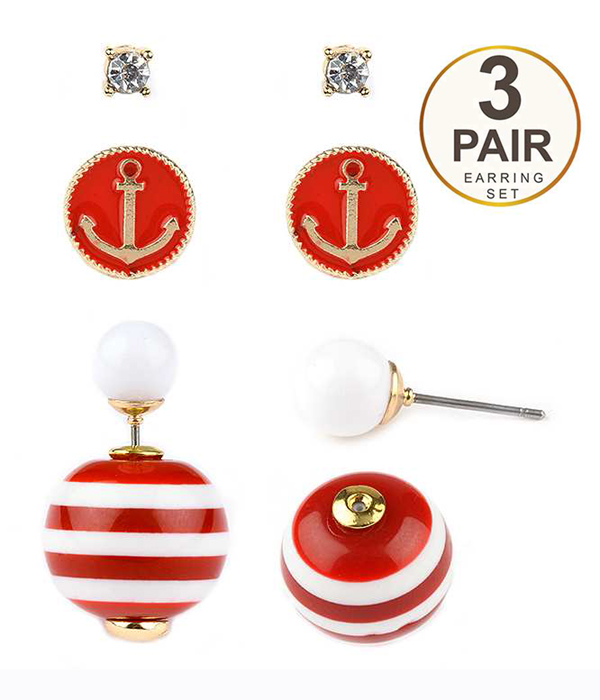 ANCHOR AND NAUTICAL THEME DOUBLE SIDED FRONT AND BACK 3 PAIR EARRING SET