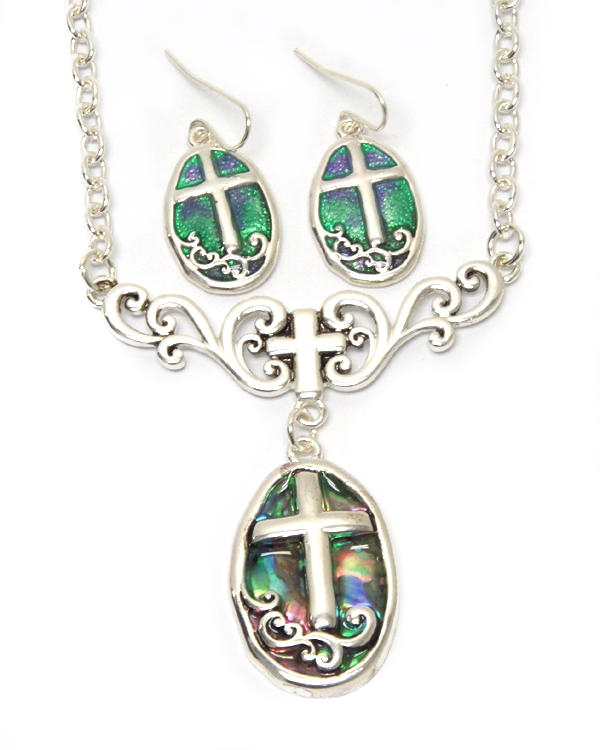 METAL TEXTURED CROSS ABALONE STONE  NECKLACE SET