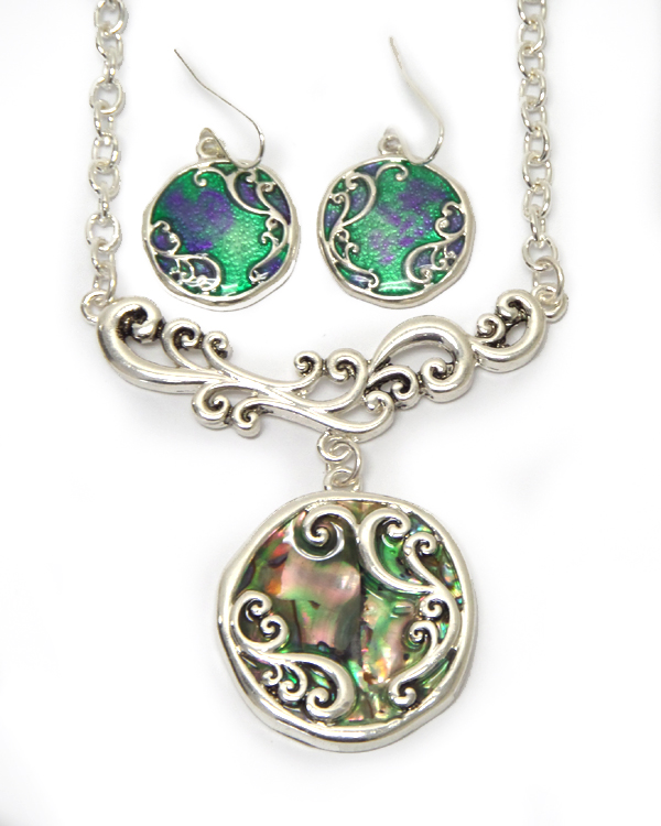 METAL TEXTURED ANCHOR  ABALONE STONE  NECKLACE SET