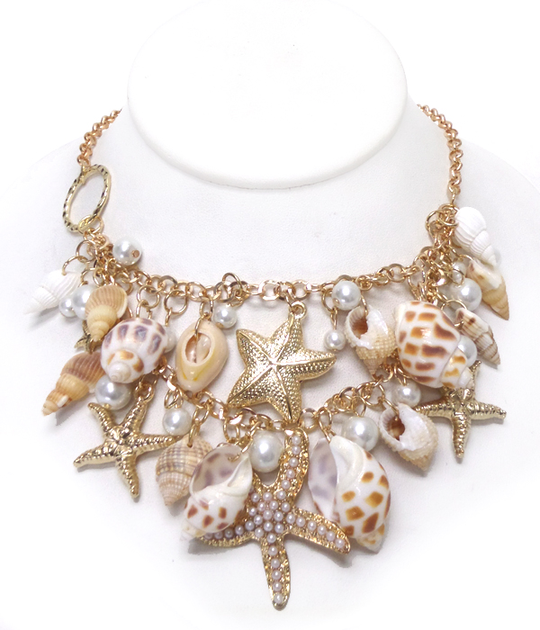 2 LAYER SHELLS AND STARFISH DROP NECKLACE