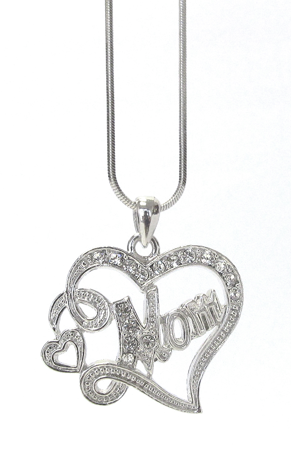 MADE IN KOREA WHITEGOLD PLATING CRYSTAL MOTHERS DAY HEART PENDANT NECKLACE -MOM